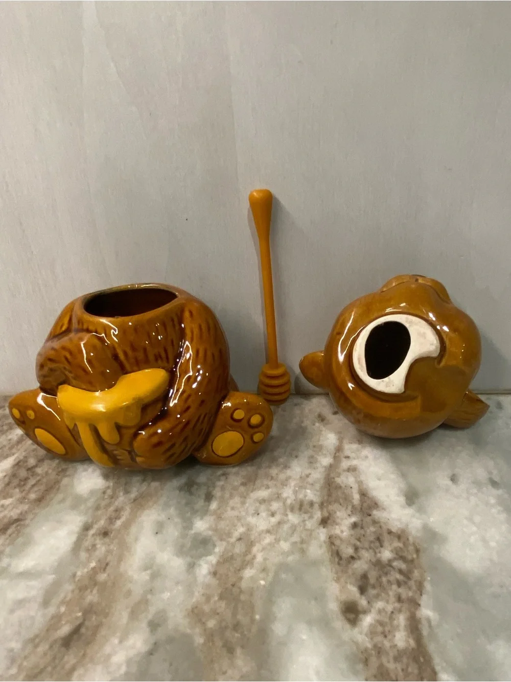 Vintage 1982 Houston Foods Ceramic Teddy Bear Honey Pot Jar with Dipper - Unused